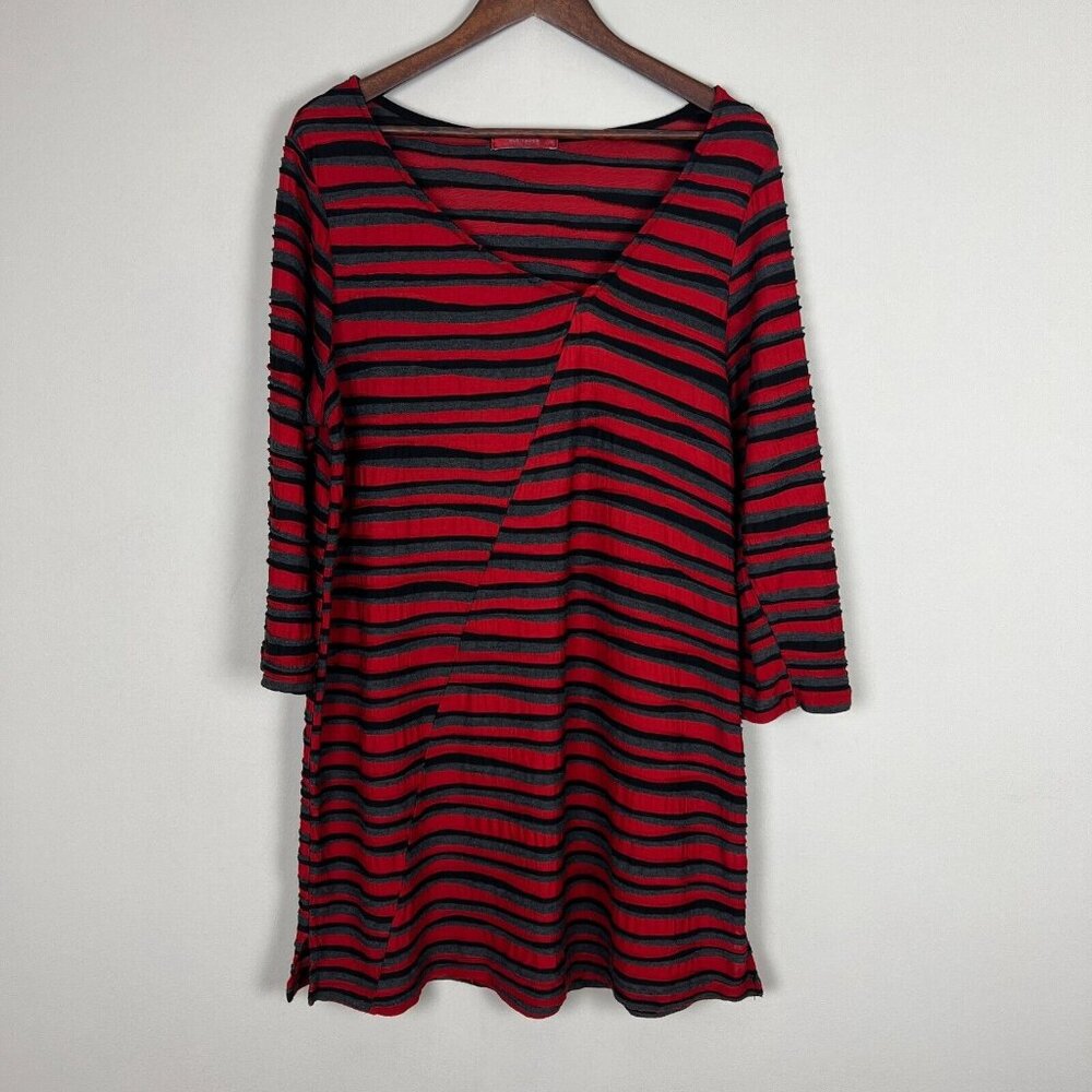 Cut Loose Tunic Top Womens‎ Large Red Gray Stripe 3/4 Sleeve V-Neck Lagenlook L